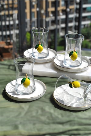 12 Parça Limonlu Çay Seti Limon Dekorlu Çay Bardağı ve Gold Porselen Çay Tabağı