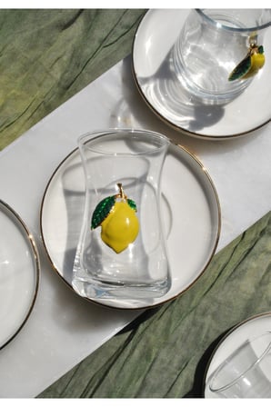 12 Parça Limonlu Çay Seti Limon Dekorlu Çay Bardağı ve Gold Porselen Çay Tabağı