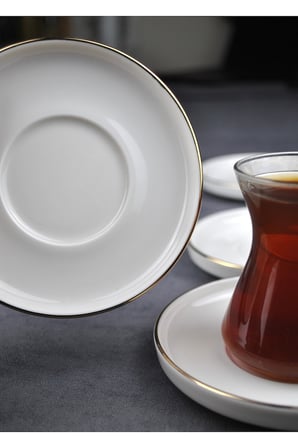 12 Parça Limonlu Çay Seti Limon Dekorlu Çay Bardağı ve Gold Porselen Çay Tabağı
