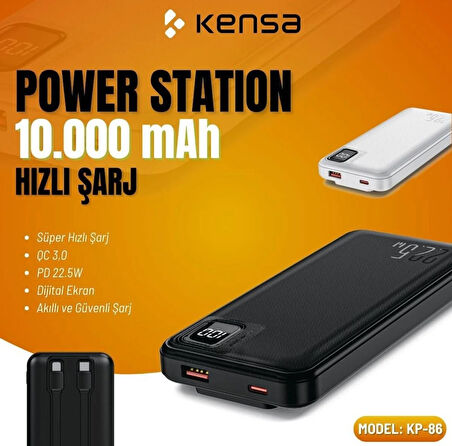 POWERBANK YENİ NESİL DİJİTAL GÖSTERGELİ KENDİNDEN KABLOLU 10.000 mAh  ULTRA HIZLI 22.5 W USB-C ve LN