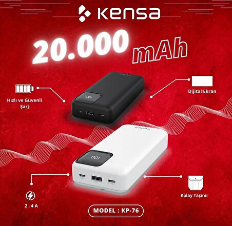 POWERBANK KENDİNDEN KABLOLU 2.4A HIZLI VE GÜÇLÜ 20.000 mAH TYPC-E ve LİGHTNİNG KABLOLU