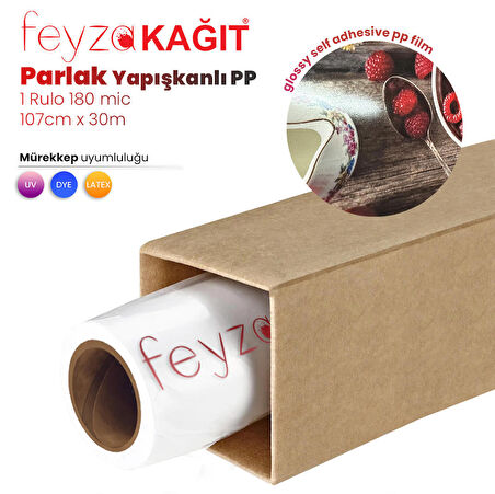 Feyza Kağıt® Glossy (Parlak ) Yapışkanlı PP Film Dye 180 Mic 107cm x 30 mt  (1 Rulo)