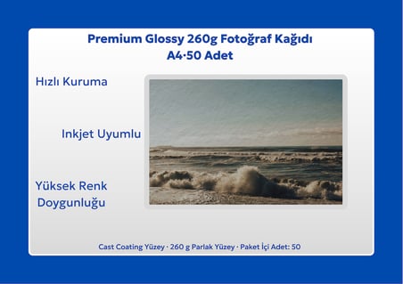 A4 Parlak Fotoğraf Kağıdı 260 g/m², Inkjet Uyumlu