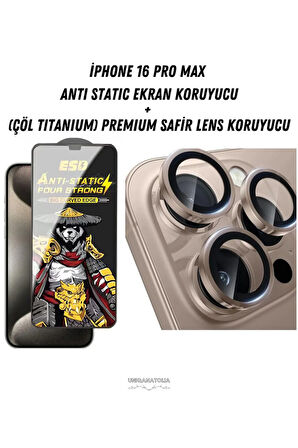 iPhone 16 Pro Max Uyumlu Anti Static Ekran Koruyucu ve Safir Premium Lens Koruyucu