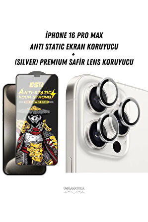 iPhone 16 Pro Max Uyumlu Anti Static Ekran Koruyucu ve Safir Premium Lens Koruyucu