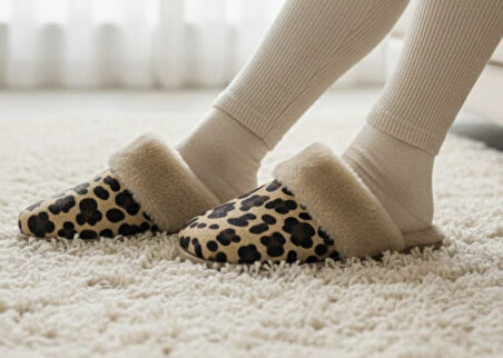 LEOPAR DESENLİ İÇİ TÜYLÜ SICACIK PVC TABAN KADIN  EV TERLİĞİ
