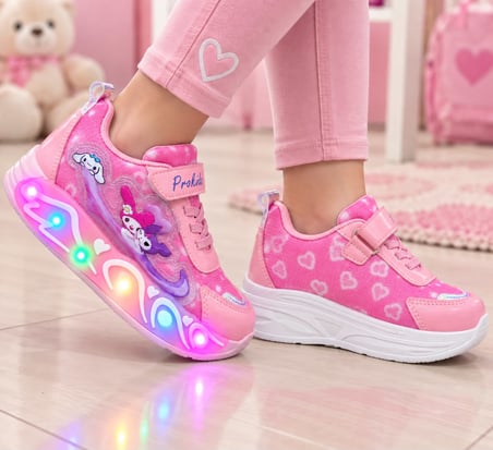 KIZ ÇOCUK CIRTLI BANTLI PEMBE RENK LED  IŞIKLI 3D BASKI FİGÜRLÜ SNEAKER