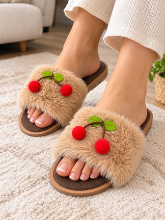 KADIN PELUŞ KÜRKLÜ YUMUŞAK TABANLI HAFİF KİRAZ DETAYLI TERLİK