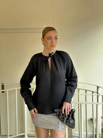 Kadın Yaka Bağlama Detay Poplin Oversize Gömlek