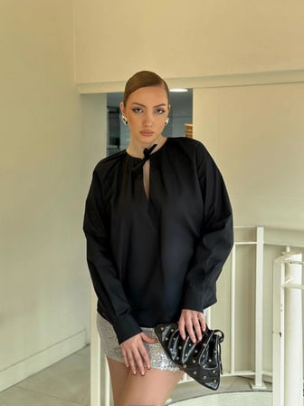 Kadın Yaka Bağlama Detay Poplin Oversize Gömlek