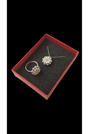 Modahilye 925 Ayar Gümüş Dönen Papatya kolye ve yüzük ikili set