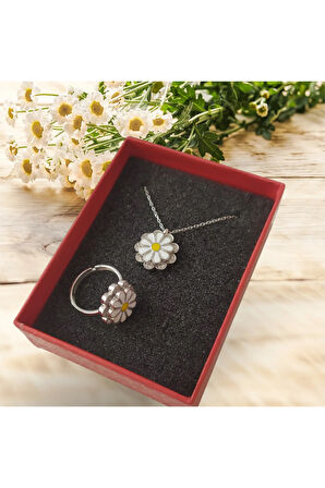 Modahilye 925 Ayar Gümüş Dönen Papatya kolye ve yüzük ikili set