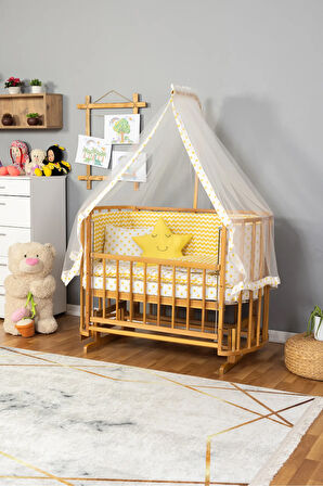 Ahşap Beşik Anne Yanı Beşik Sallanır Beşik Doğal (VERNİKLİ) 60x120 Sarı Yıldız Uyku Seti Yatak
