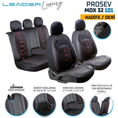 Hyundai Kona Lüx OTO KOLTUK KILIFI Ön Arka Takım Deri Kadife Detaylı Prosev SİYAH KIRMIZI