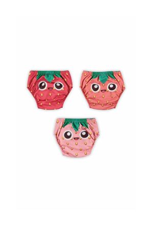 Poopes Yıkanabilir 3'lü Kombin Kız Neşeli Çilek Alıştırma Külodu 1-2-3-4 Yaş