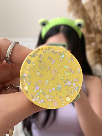 Sarı - Gri Hologram Simli Yuvarlak Telefon Tutucu PopSocket