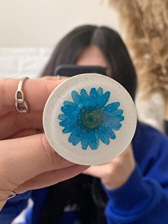 Mavi Gerçek Papatyalı Simli Yuvarlak Telefon Tutucu PopSocket