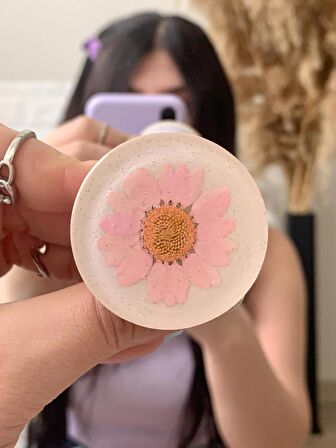 Açık Pembe Gerçek Papatyalı Simli Yuvarlak Telefon Tutucu PopSocket