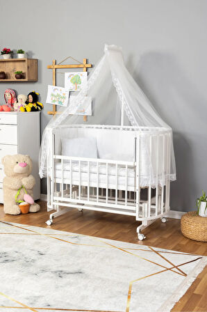 Ahşap Beşik Anne Yanı Beşik Beyaz 60x120 Beyaz Güpür Uyku Seti Yatak Tekerlekli