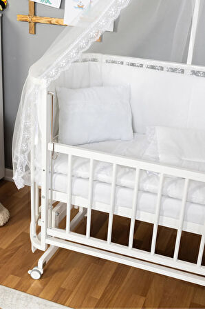 Ahşap Beşik Anne Yanı Beşik Beyaz 60x120 Beyaz Güpür Uyku Seti Yatak Tekerlekli