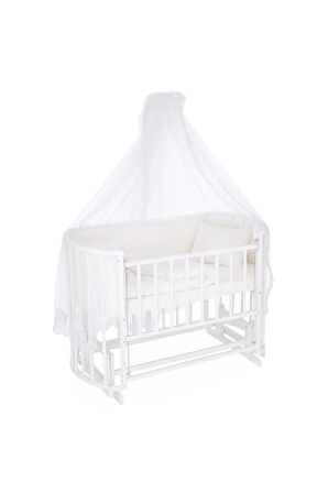 Ahşap Beşik Anne Yanı Beşik Beyaz 60x120 Beyaz Güpür Uyku Seti Yatak