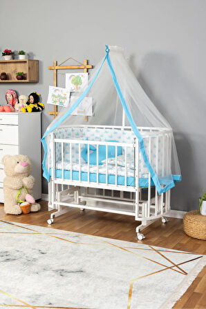 Ahşap Beşik Anne Yanı Beşik Beyaz 60x120 Mavi Balina Uyku Seti Yatak Tekerlekli