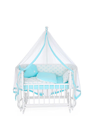Ahşap Beşik Anne Yanı Beşik Beyaz 60x120 Mavi Balina Uyku Seti Yatak