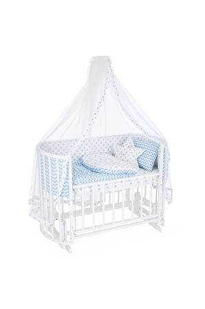 Ahşap Beşik Anne Yanı Beşik Beyaz 60x120 Mavi Yıldız Uyku Seti Yatak
