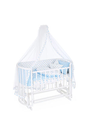 Ahşap Beşik Anne Yanı Beşik Beyaz 60x120 Mavi Yıldız Uyku Seti Yatak