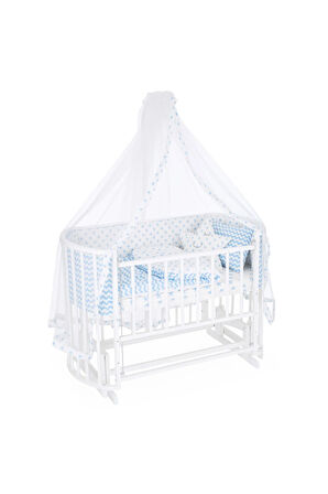 Ahşap Beşik Anne Yanı Beşik Beyaz 60x120 Mavi Yıldız Uyku Seti Yatak