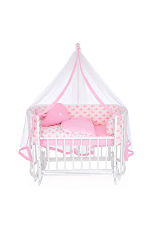 Ahşap Beşik Anne Yanı Beşik Beyaz 60x120 Pembe Balina Uyku Seti Yatak Tekerlekli