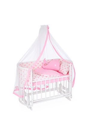 Ahşap Beşik Anne Yanı Beşik Beyaz 60x120 Pembe Balina Uyku Seti Yatak Tekerlekli