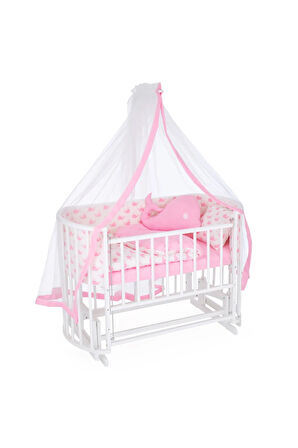 Ahşap Beşik Anne Yanı Beşik Beyaz 60x120 Pembe Balina Uyku Seti Yatak Tekerlekli