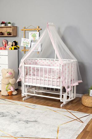 Ahşap Beşik Anne Yanı Beşik Beyaz 60x120 Pembe Balina Uyku Seti Yatak