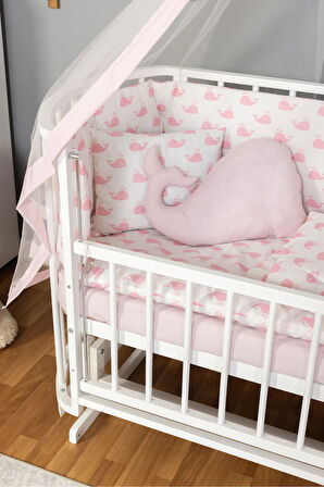 Ahşap Beşik Anne Yanı Beşik Beyaz 60x120 Pembe Balina Uyku Seti Yatak