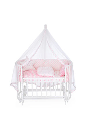 Ahşap Beşik Anne Yanı Beşik Beyaz 60x120 Pembe Yıldız Uyku Seti Yatak