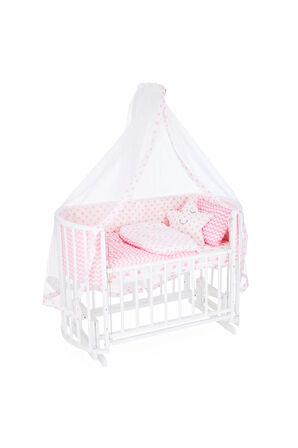 Ahşap Beşik Anne Yanı Beşik Beyaz 60x120 Pembe Yıldız Uyku Seti Yatak