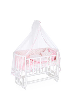 Ahşap Beşik Anne Yanı Beşik Beyaz 60x120 Pembe Yıldız Uyku Seti Yatak