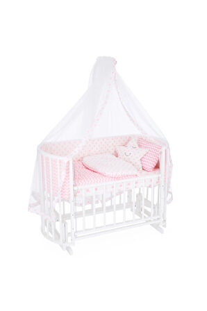 Ahşap Beşik Anne Yanı Beşik Beyaz 60x120 Pembe Yıldız Uyku Seti Yatak