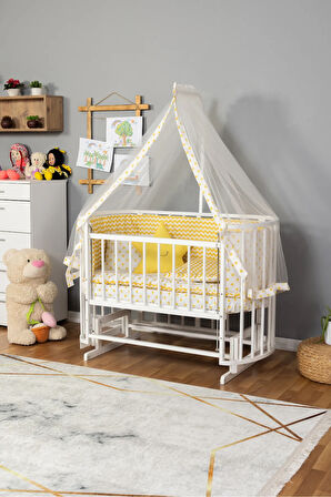 Ahşap Beşik Anne Yanı Beşik Beyaz 60x120 Sarı Yıldız Uyku Seti Yatak