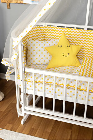 Ahşap Beşik Anne Yanı Beşik Beyaz 60x120 Sarı Yıldız Uyku Seti Yatak