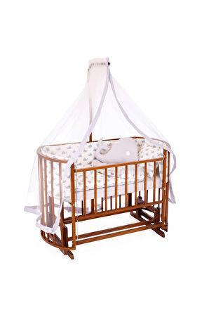 Ahşap Beşik Anne Yanı Beşik Ceviz 60x120 Gri Balina Uyku Seti Yatak Tekerlekli