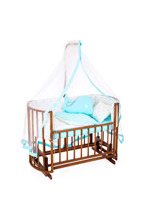 Ahşap Beşik Anne Yanı Beşik Ceviz 60x120 Mavi Balina Uyku Seti Yatak