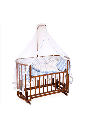 Ahşap Beşik Anne Yanı Beşik Ceviz 60x120 Mavi Yıldız Uyku Seti Yatak