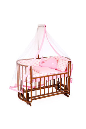 Ahşap Beşik Anne Yanı Beşik Ceviz 60x120 Pembe Balina Uyku Seti Yatak Tekerlekli
