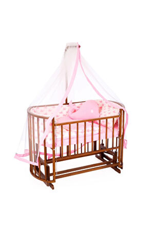 Ahşap Beşik Anne Yanı Beşik Ceviz 60x120 Pembe Balina Uyku Seti Yatak Tekerlekli