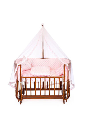 Ahşap Beşik Anne Yanı Beşik Ceviz 60x120 Pembe Yıldız Uyku Seti Yatak Tekerlekli