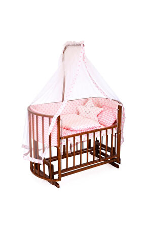 Ahşap Beşik Anne Yanı Beşik Ceviz 60x120 Pembe Yıldız Uyku Seti Yatak Tekerlekli