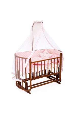Ahşap Beşik Anne Yanı Beşik Ceviz 60x120 Pembe Yıldız Uyku Seti Yatak