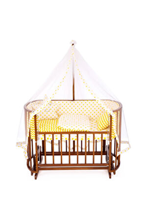 Ahşap Beşik Anne Yanı Beşik Ceviz 60x120 Sarı Yıldız Uyku Seti Yatak